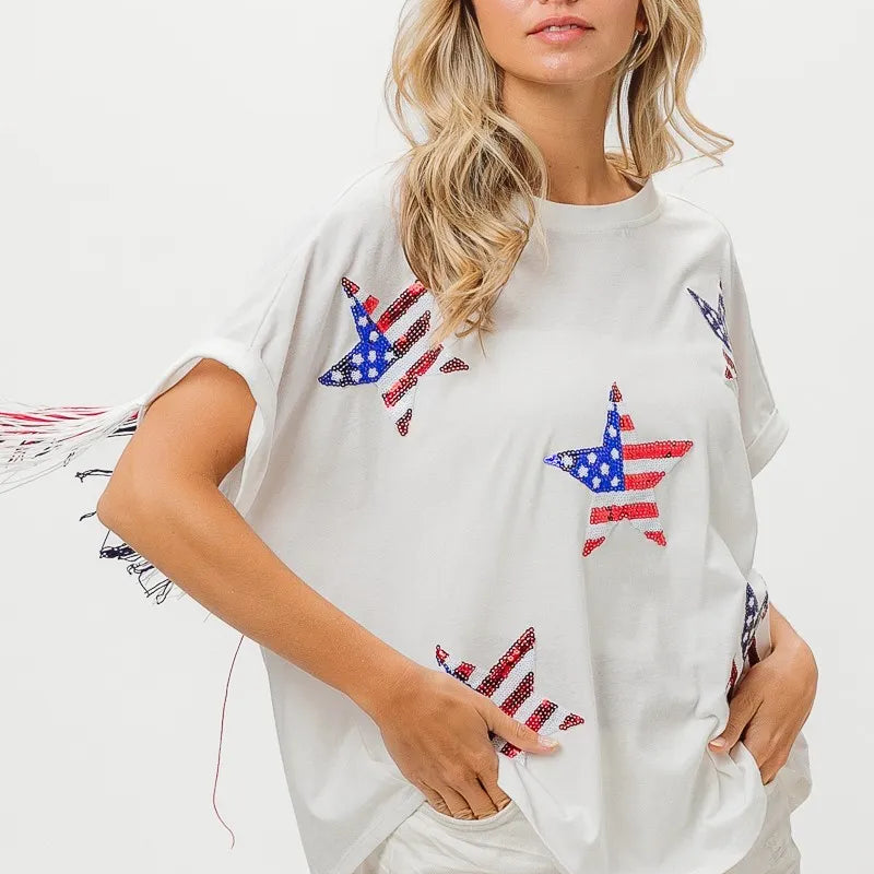 BiBi American Flag Sequin Star Fringe Top