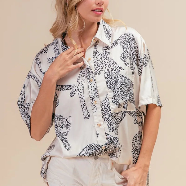 BiBi Leopard Print Short Sleeve Silky Satin Shirt Top