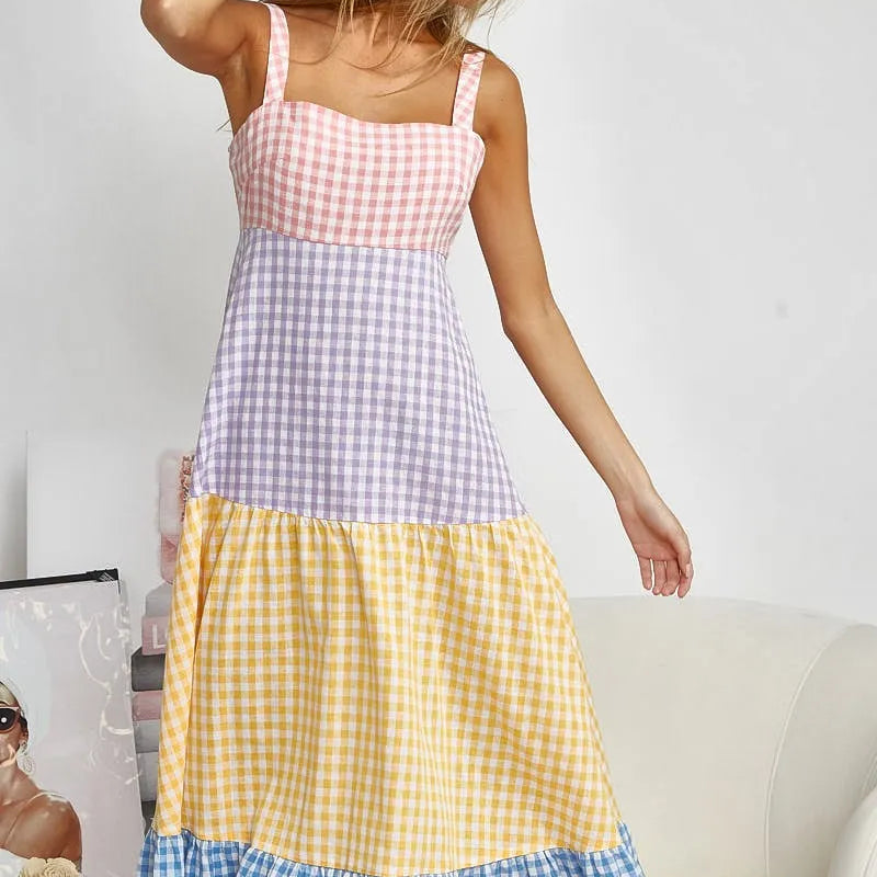 BiBi Color Block Tiered Gingham Dress