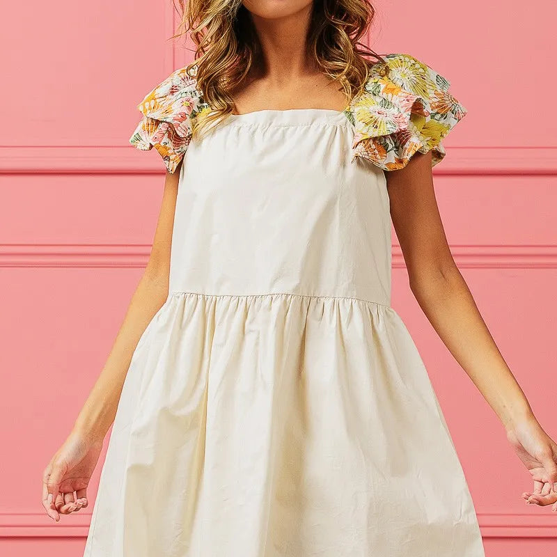 BiBi Flower Embroidered Floral Print Sleeve Dress
