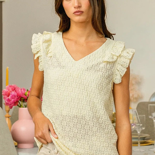 BiBi Floral Ruffled Armhole V-Neck Top
