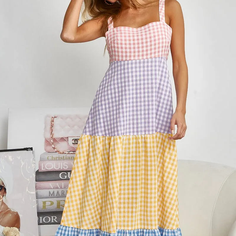 BiBi Color Block Tiered Gingham Dress