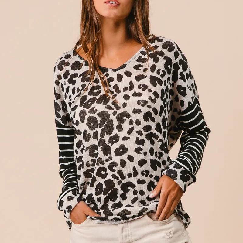 BiBi Leopard Hacci Knit Twist Back Top With Stripe Sleeve