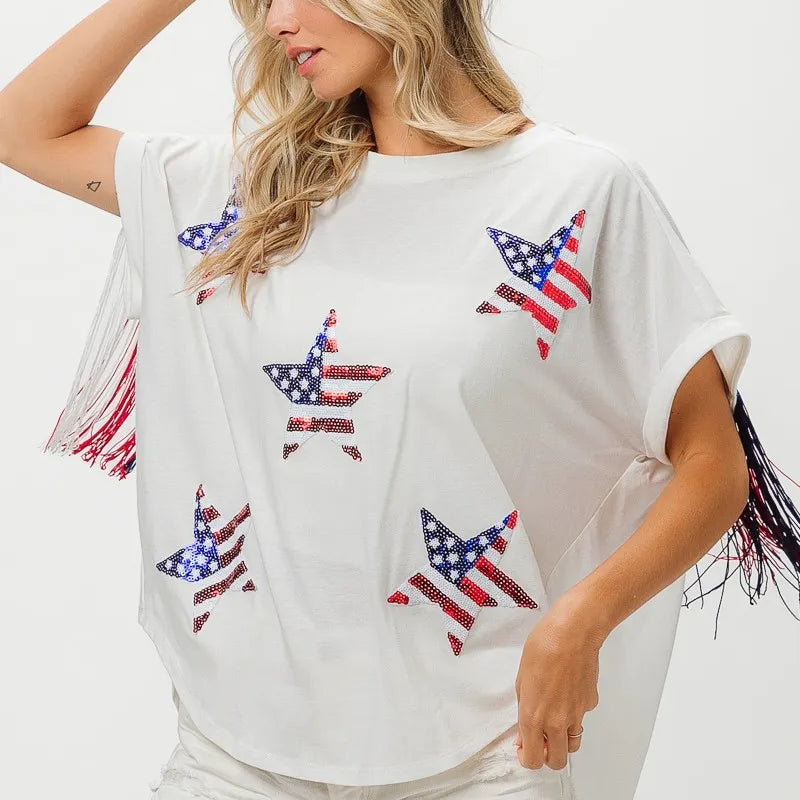 BiBi American Flag Sequin Star Fringe Top