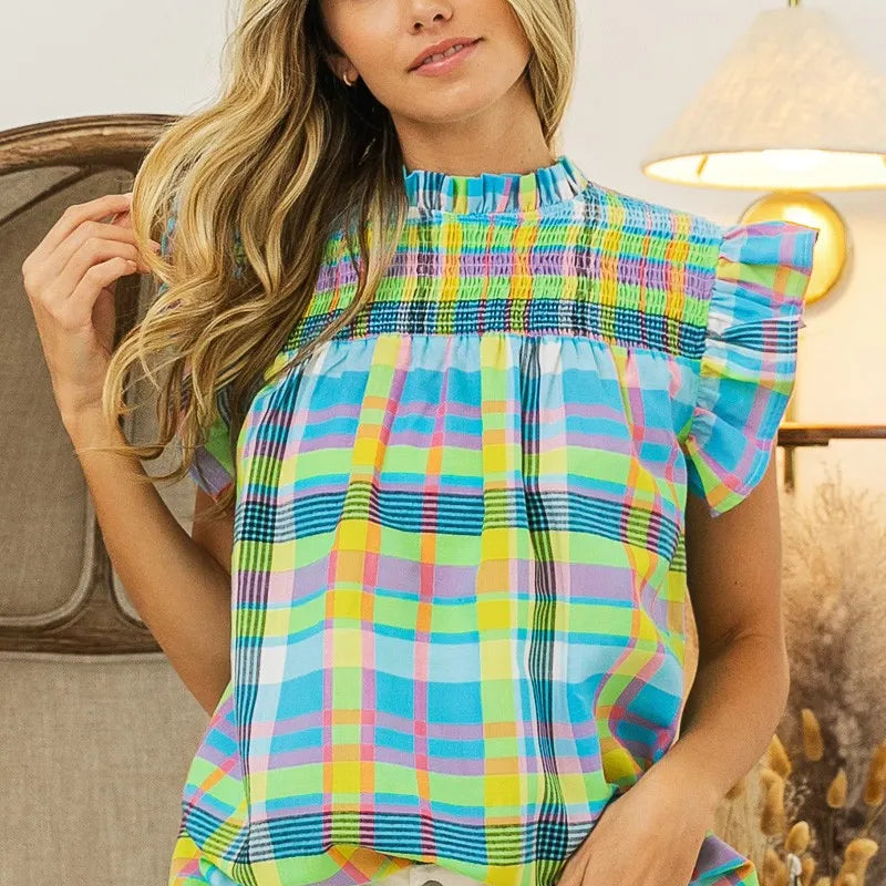 BiBi Multi Color Check Plaid Woven Top