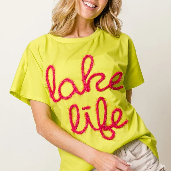BiBi Metallic Letter Short Dolman Sleeve Top