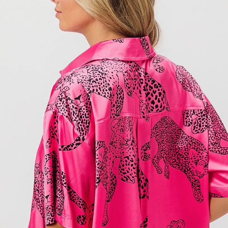 BiBi Leopard Print Short Sleeve Silky Satin Shirt Top