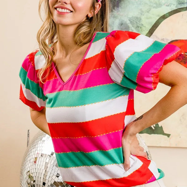BiBi Multi Stripe Color Print Puff Sleeves V Neck Top