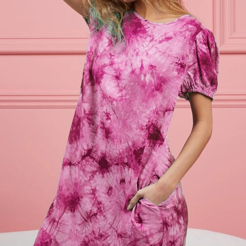 BiBi Puff Sleeve With Side Pockets Tie Dye Dress