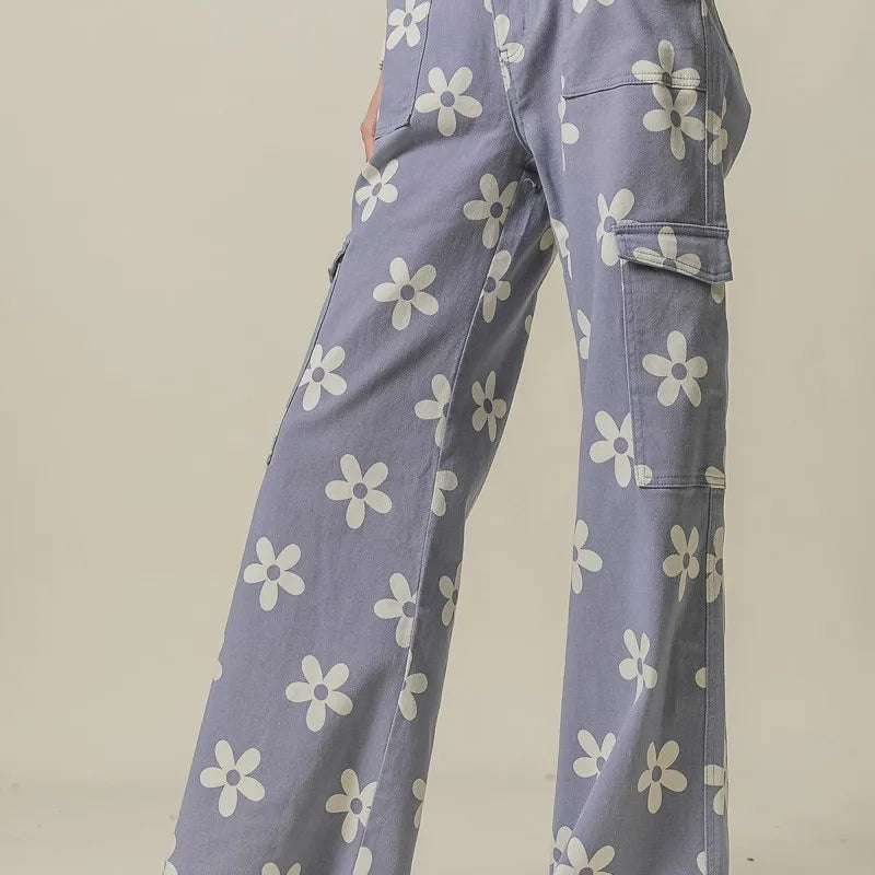BiBi Flower Printed Side Pocket Wide Pants