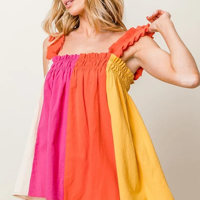 BiBi Frill Shoulder Strap Color Block Bodice Top