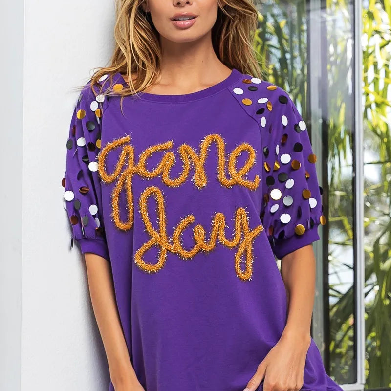 BiBi Game Day Metallic Letter Spangle Sleeve Top