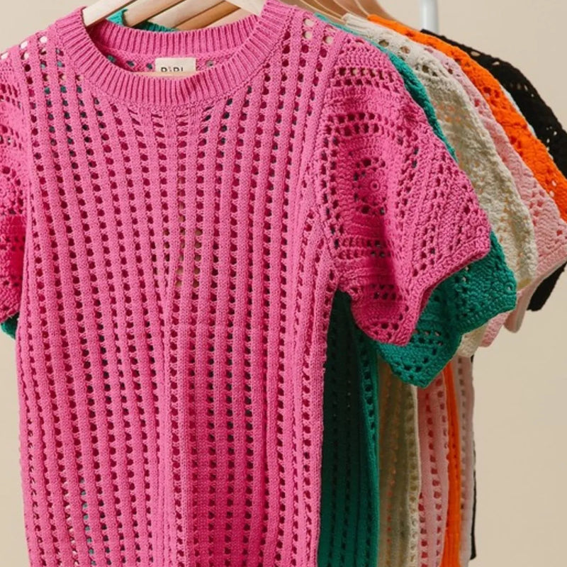 BiBi Crochet Lace Top With Puff Sleeves in Fuchsia