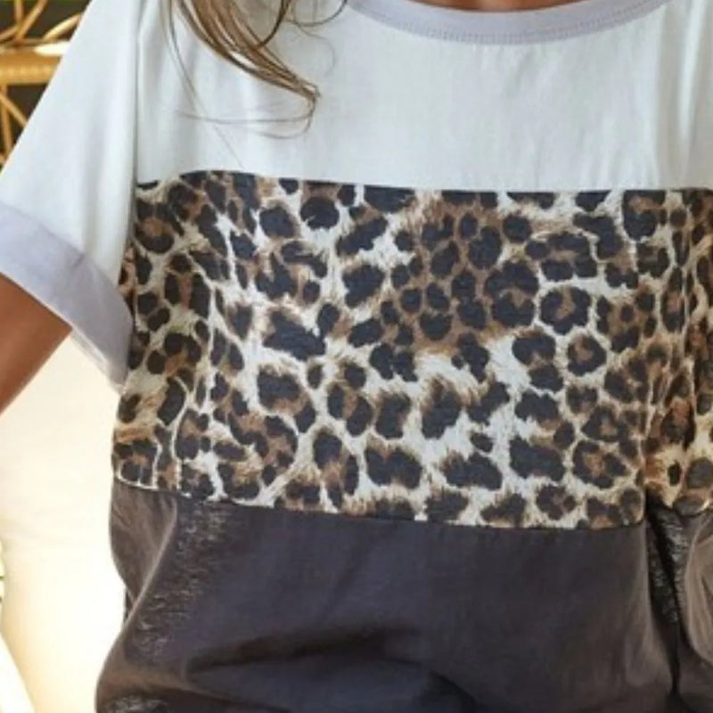BiBi Leopard Printed Jersey Color Block Roll Up Top