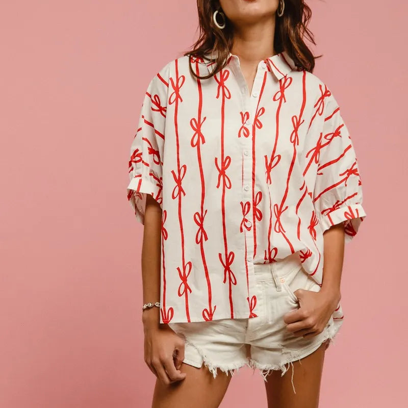 BiBi Bow Ribbon Woven Printed Button Down Shirt