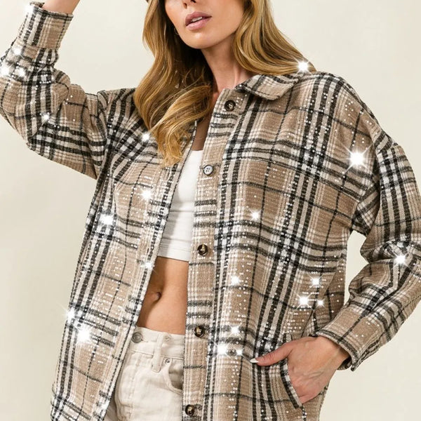 BiBi Allover Clear Sequins Vintage Plaid Jacket
