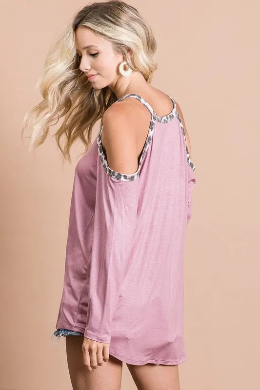 BiBi Jersey Knit Cold Shoulder Top with Leopard Neck