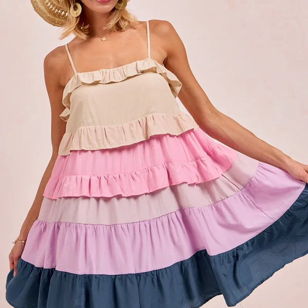 BiBi Color Blocked Tiered Dress
