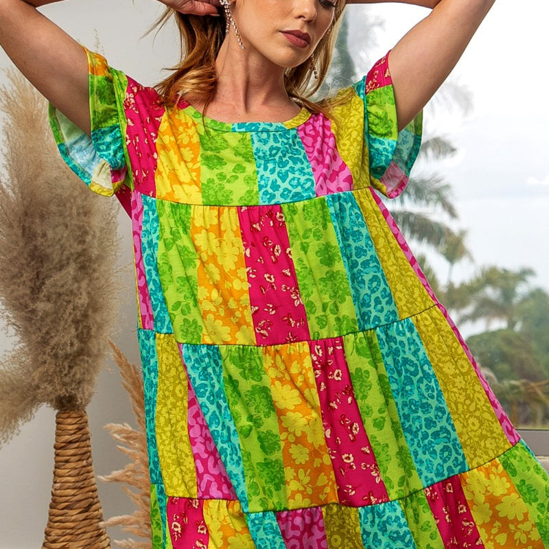 BiBi Leopard Short Sleeve Tiered Dress
