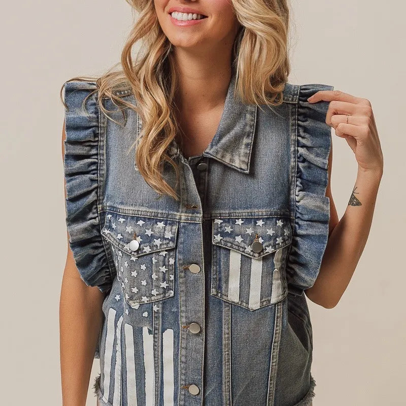 BiBi American Flag Washed Denim Jacket
