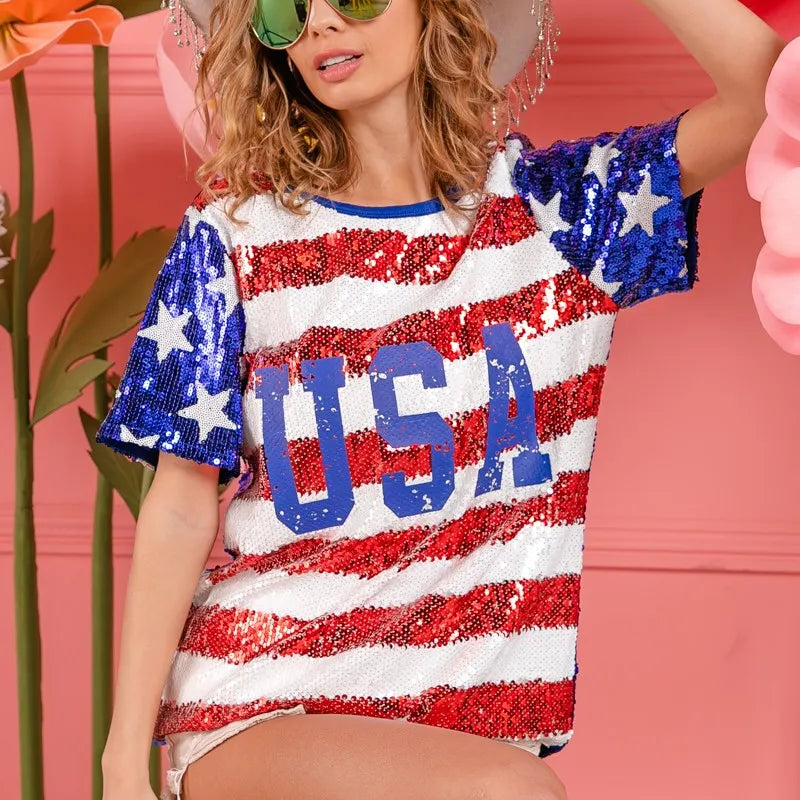 BiBi American Flag Theme USA Lettering Sequin Top