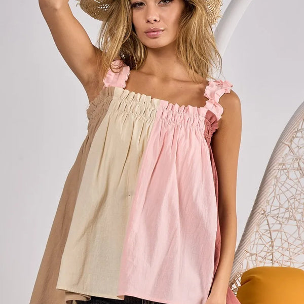 BiBi Frill Shoulder Strap Color Block Bodice Top