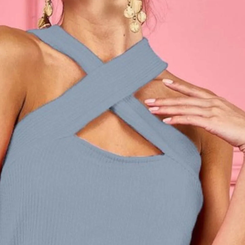 BiBi Lace Knit with Cut Out And Cross Neck Banded Top