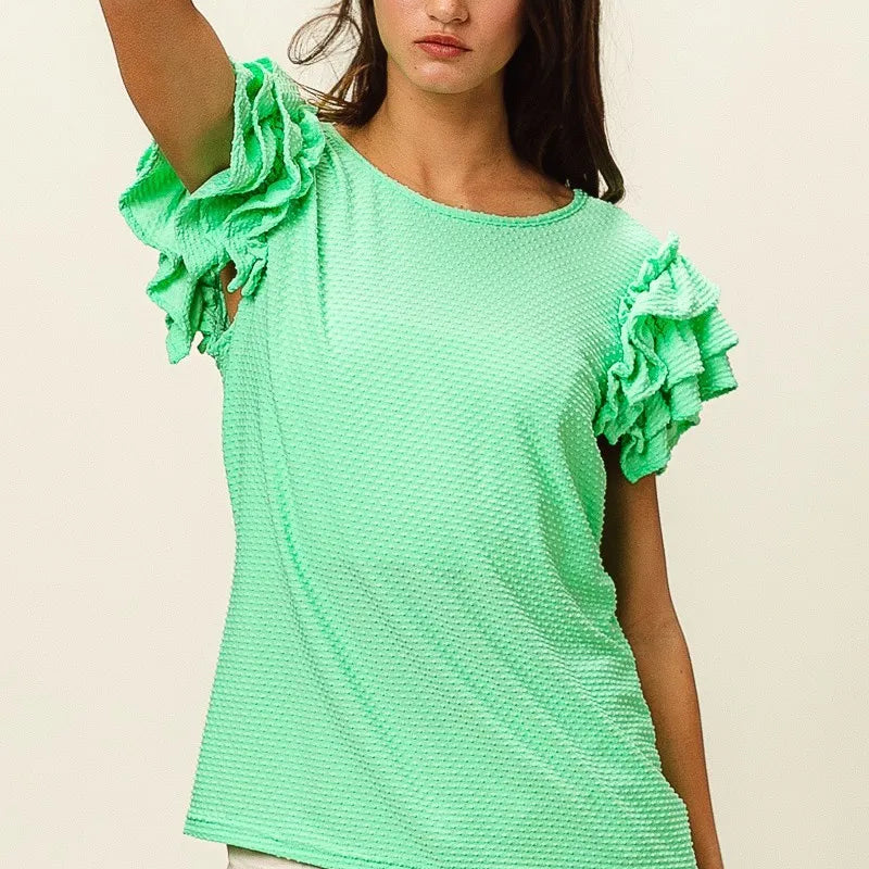 BiBi Birdseye Texture Layered Ruffle Top in Sage