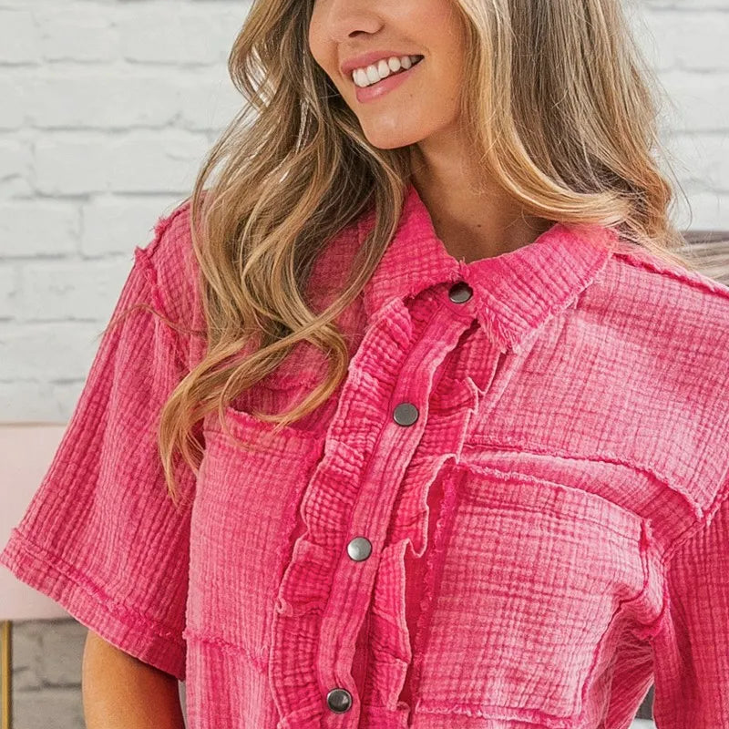 BiBi Mineral Washed Wrinkle Gauze Raw Edge Shirt Top