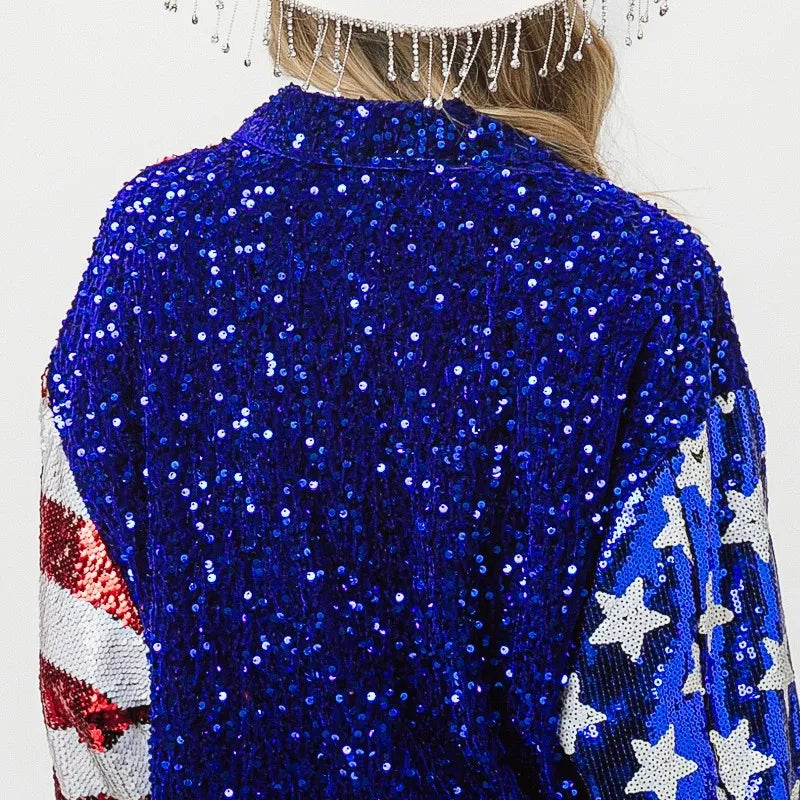 BiBi American Flag Sequin Snap Down Shirt