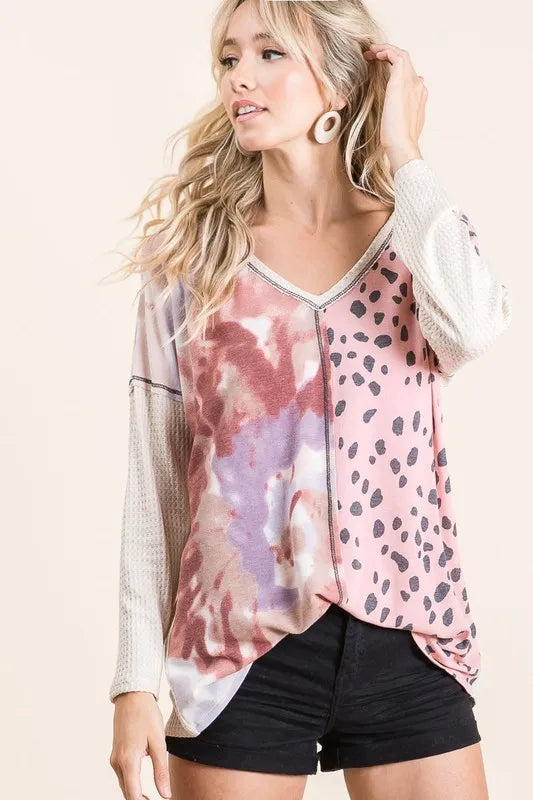 BiBi Print Block V Neck Top with Contrast Stitching