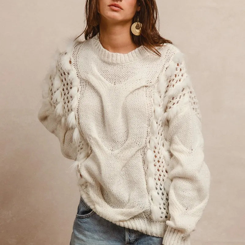 BiBi Faux Fur Detailed Pointelle Cable Knit Sweater