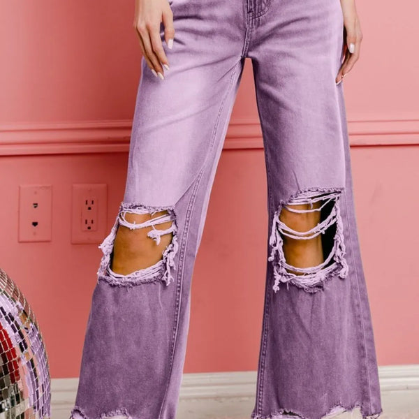 BiBi Distressed Vintage Washed Wide Leg Pants in Lavender