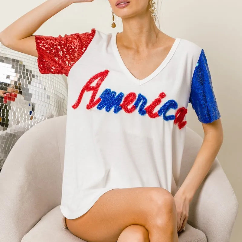 BiBi Metallic Letter V-neck Sequin Sleeves Top in Cream