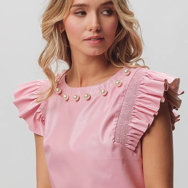 BiBi Leather Smocked Ruffled Top