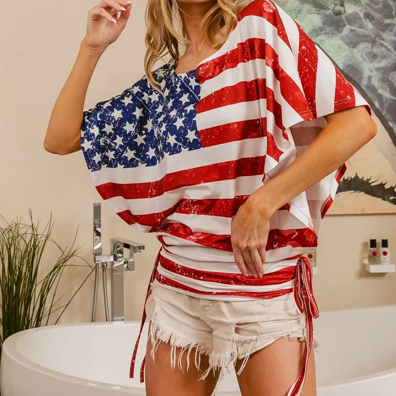 BiBi American Flag Printed Side Ruched Details Knit Top