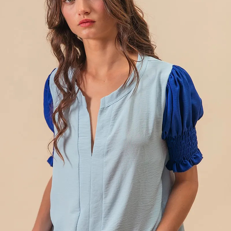 BiBi Air Flow Color Block Puff Sleeves V Neck Top