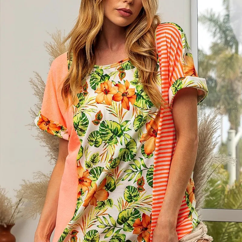 BiBi Floral W Stripe Color Block Dolman Sleeves Top
