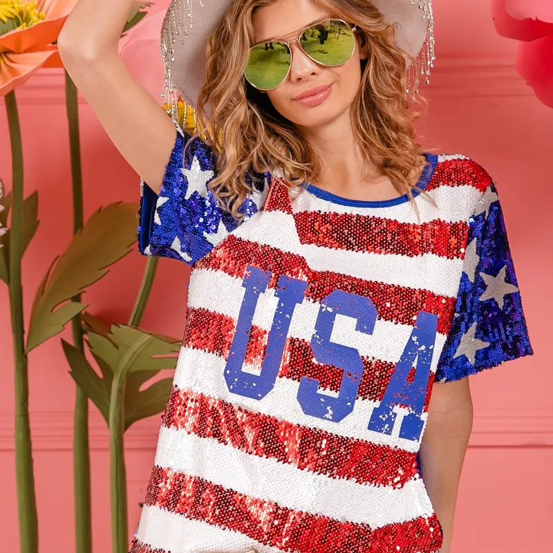BiBi American Flag Theme USA Lettering Sequin Top