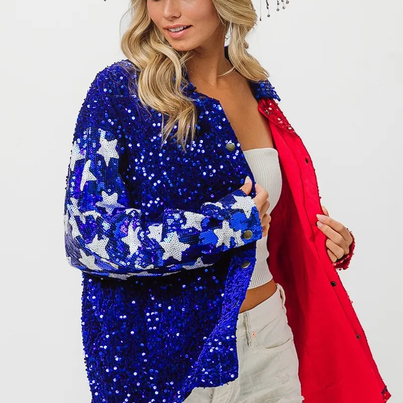 BiBi American Flag Sequin Snap Down Shirt