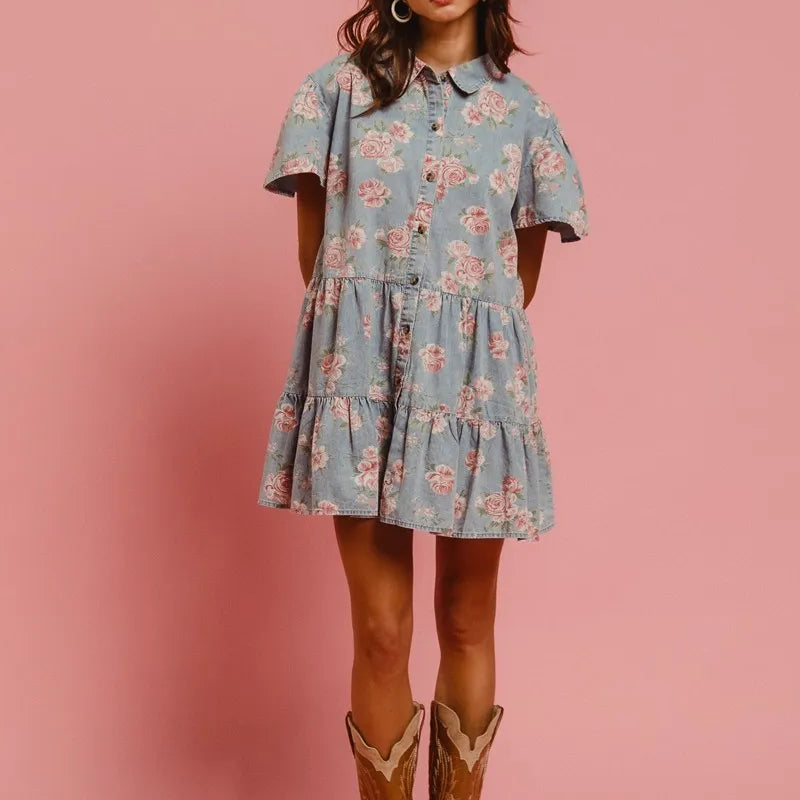 BiBi Floral Print Washed Lightweight Tiered Shirt Dress