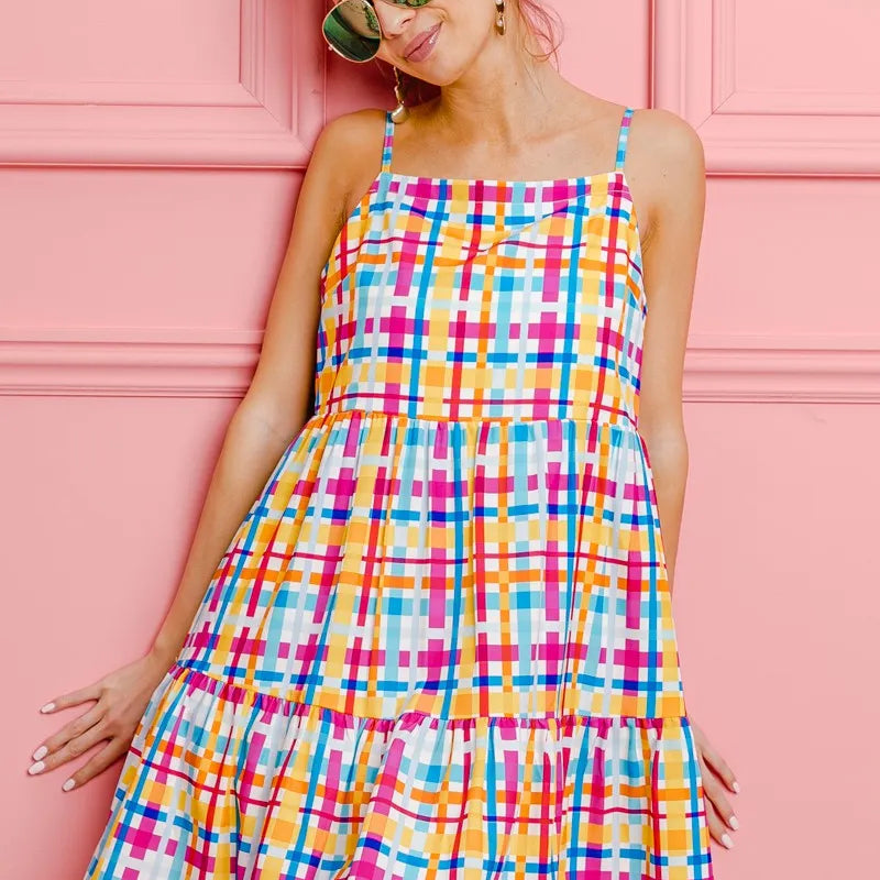BiBi Multi Colors Plaid Sleeveless Sun Dress