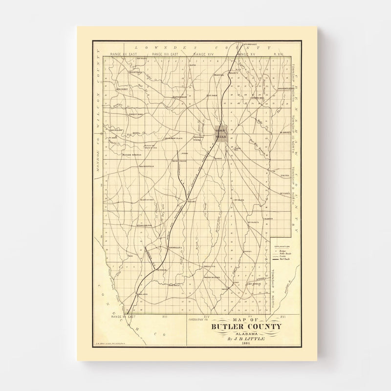 Vintage Map of Butler County, Alabama 1884
