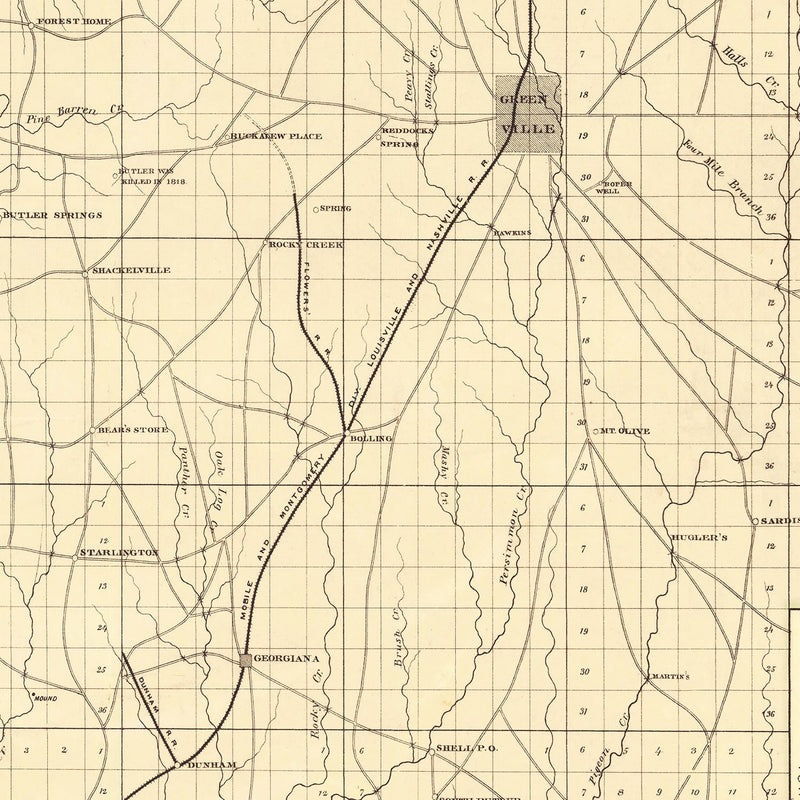 Vintage Map of Butler County, Alabama 1884