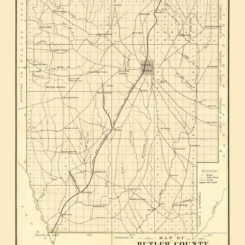 Vintage Map of Butler County, Alabama 1884