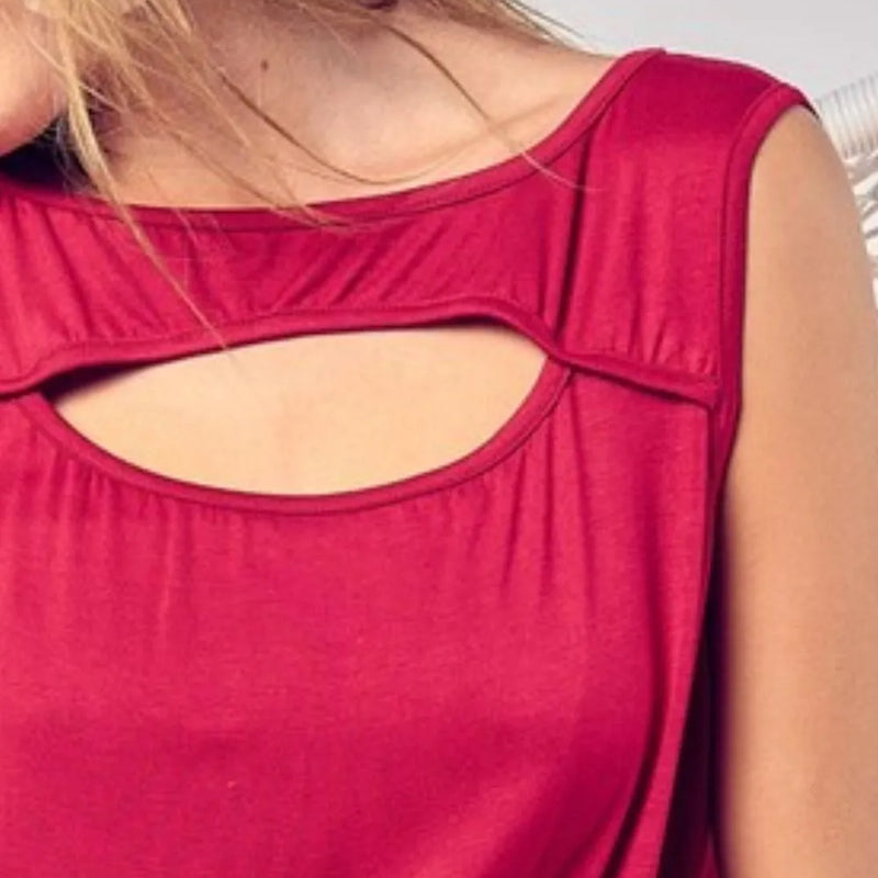 BiBi Rayon Span Knit With Cut Out Front Sleeveless Top in Red