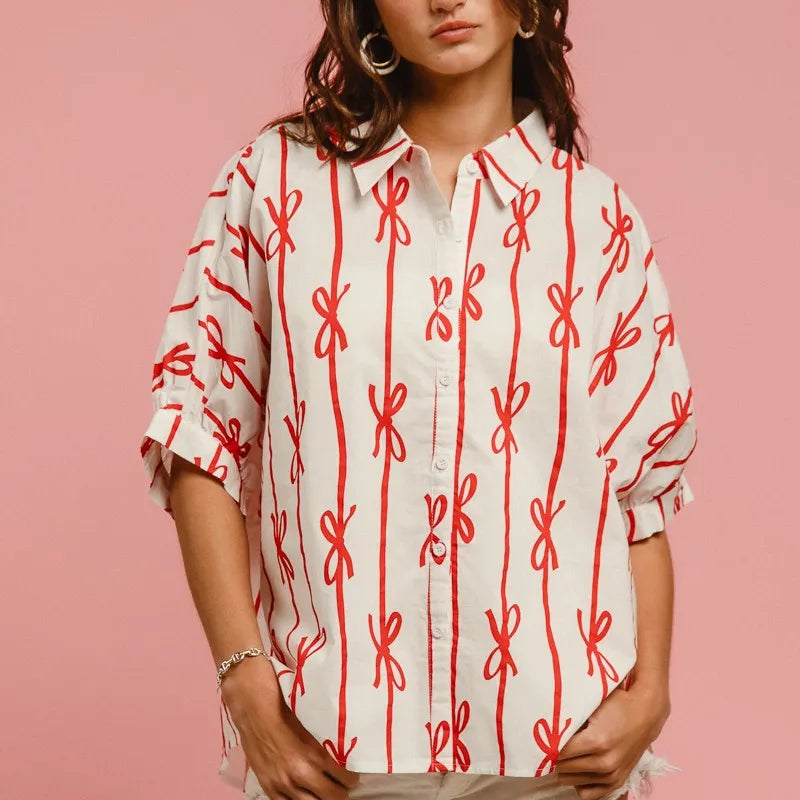 BiBi Bow Ribbon Woven Printed Button Down Shirt