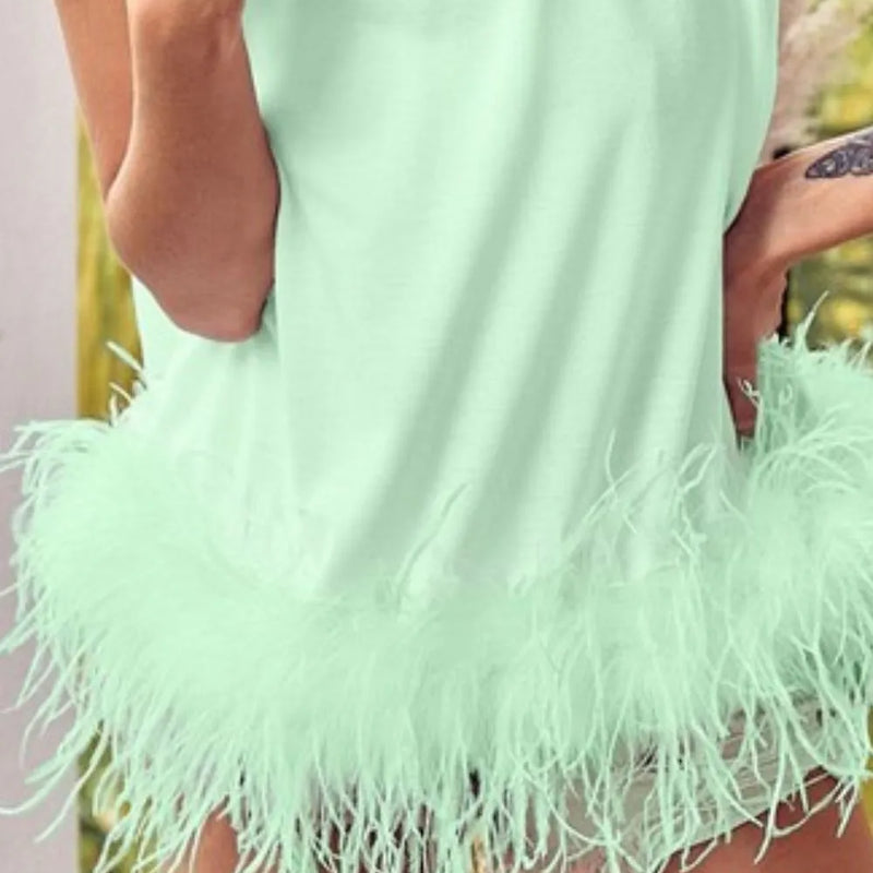 BiBi French Terry Faux Feather Bottom Back Tied Top