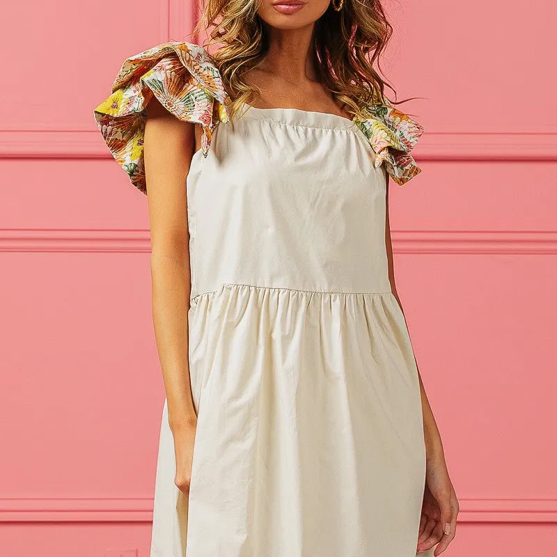 BiBi Flower Embroidered Floral Print Sleeve Dress