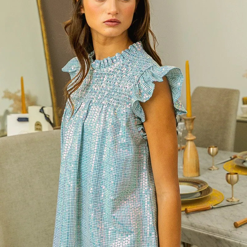 BiBi Clear Sequin All-over Gingham Smocked Top